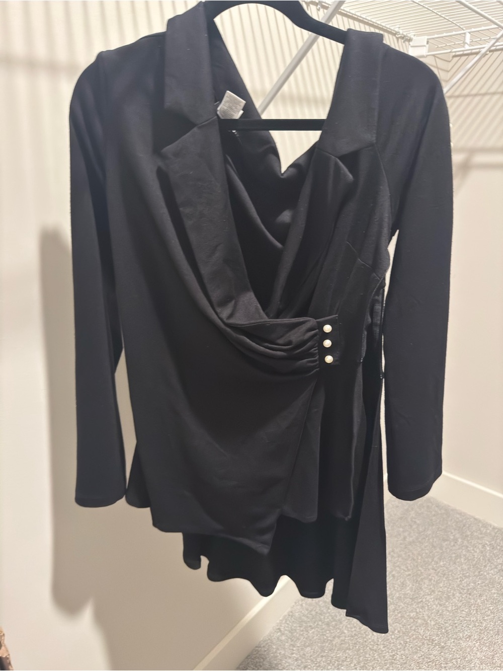 VENUS Black Long-Sleeve Draped Dress with Pearl Buttons